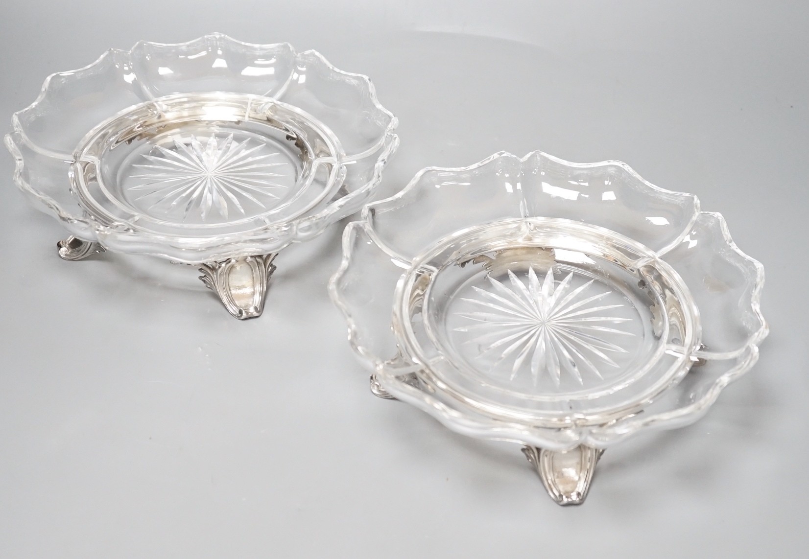 A pair of early 20th century French 950 standard white metal stands and glass dessert dishes, by Risler, dish diameter 16.8cm, metal weight 23oz.